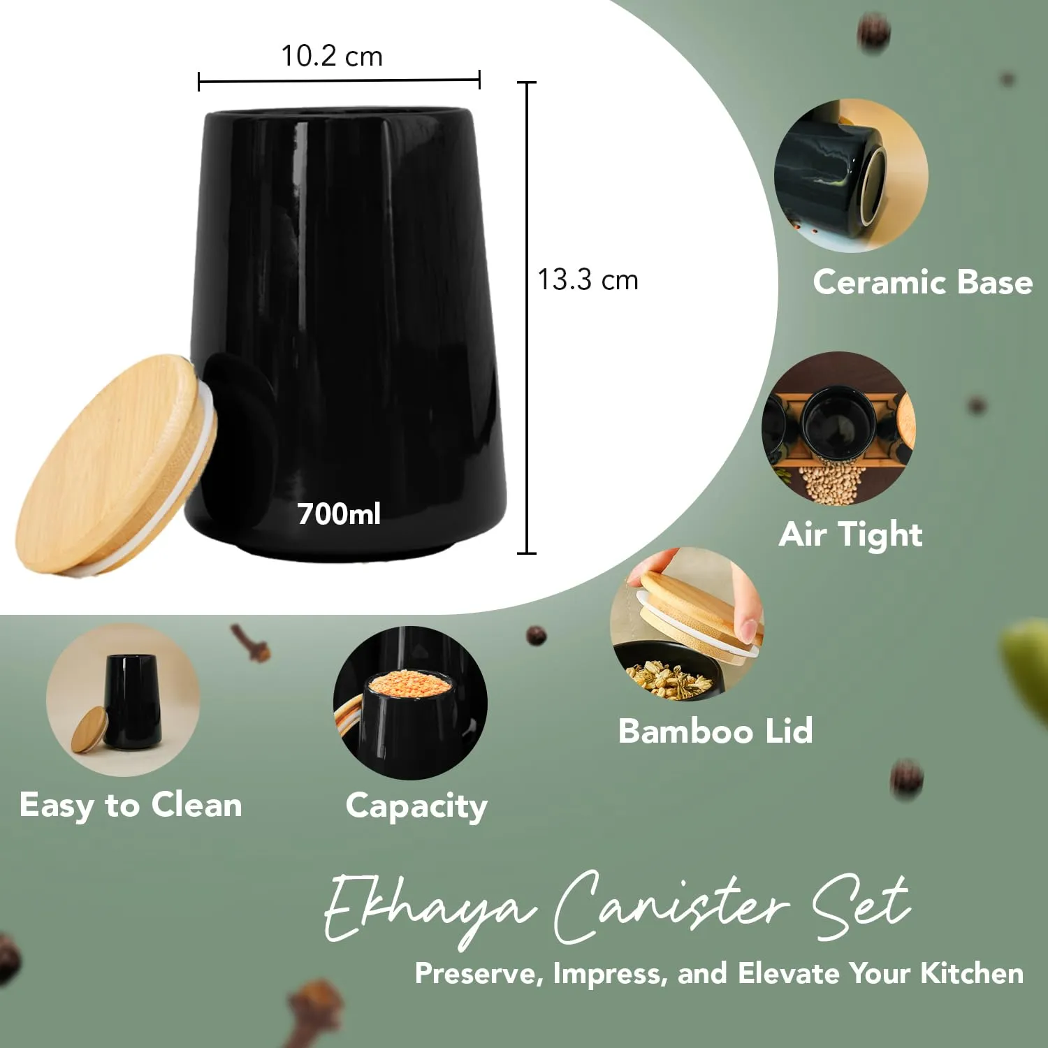 Ekhasa Ceramic Jar with Bamboo Lid for Multipurpose Kitchen Storage (700ml, Black) | Airtight Container Jar for Kitchen | Tea, Coffee, Sugar, Snacks, Salt Container | Pickle Storage Barni