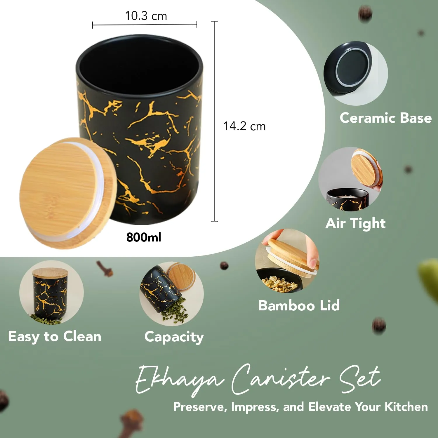 Ekhasa Ceramic Jar with Bamboo Lid for Multipurpose Kitchen Storage (800ml, Black) | Airtight Container Jar for Kitchen | Tea, Coffee, Sugar, Snacks, Salt Container | Pickle Storage Barni