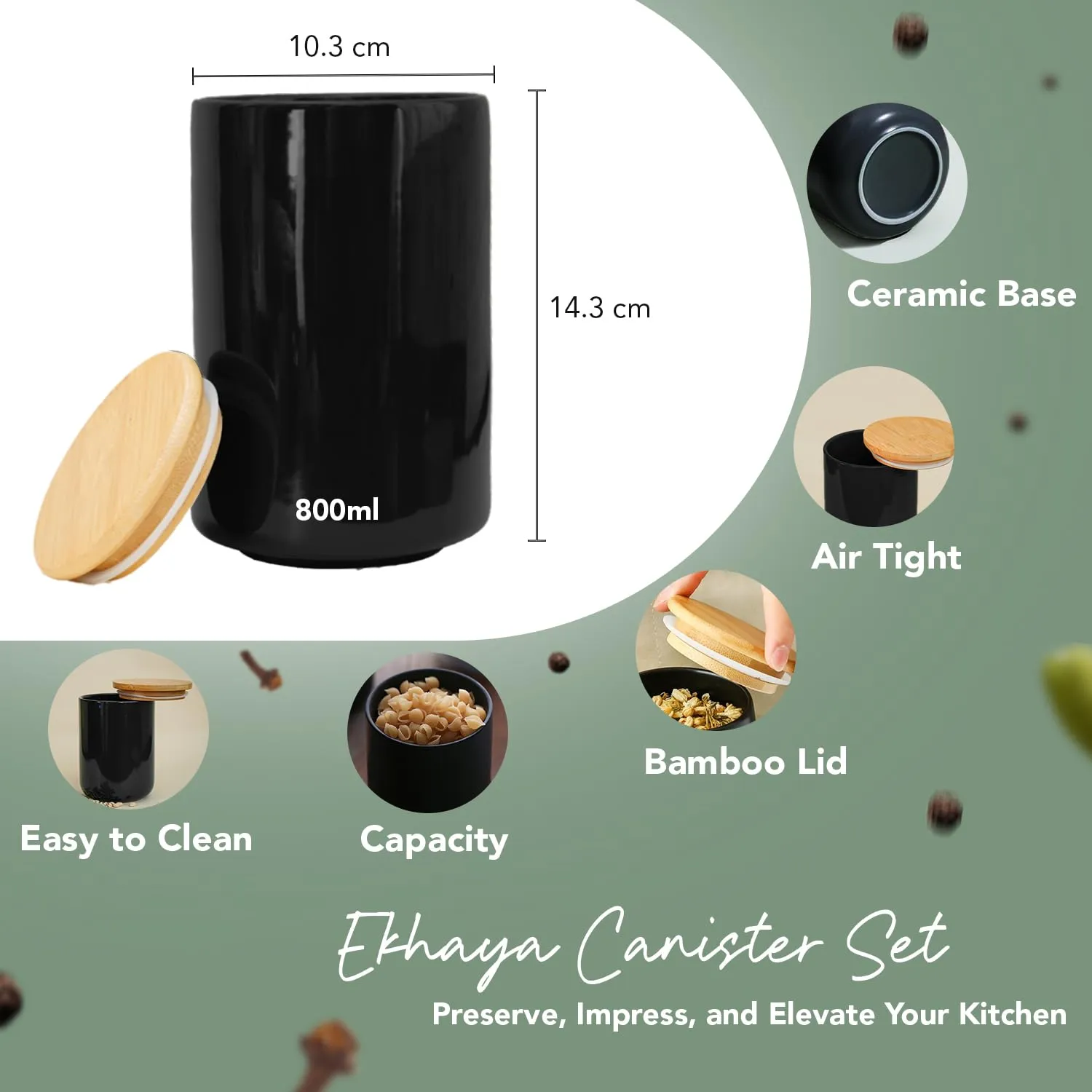 Ekhasa Ceramic Jar with Bamboo Lid for Multipurpose Kitchen Storage (800ml) (Black) | Airtight Container Storage Jar for Kitchen | Tea, Coffee, Sugar, Snacks, Salt Container | Pickle Storage Barni