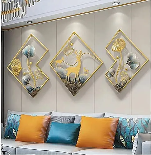 ELITE CRAFT OVERSEAS Metal Wall Art Set of 3 Golden Ginkgo Leaves With Deer Wall Hanging Metal Wall Decor with Frame Wall Decor For Living Room Wall Sculpture for Bedroom Office