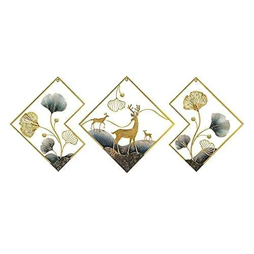 ELITE CRAFT OVERSEAS Metal Wall Art Set of 3 Golden Ginkgo Leaves With Deer Wall Hanging Metal Wall Decor with Frame Wall Decor For Living Room Wall Sculpture for Bedroom Office