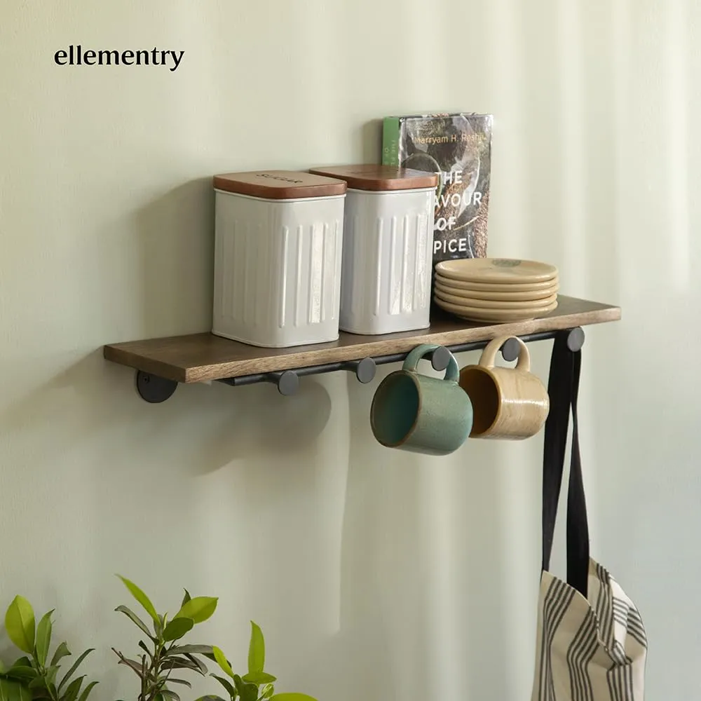 Ellementry Aaron Wooden Wall Shelf with 5 Hooks | Home Decor Items | Wall Mounted Book Shelf| Shelves for Living Room/Kitchen/Bedroom Decoration | Floating Wall Shelves | Hanging Wall Mount Display