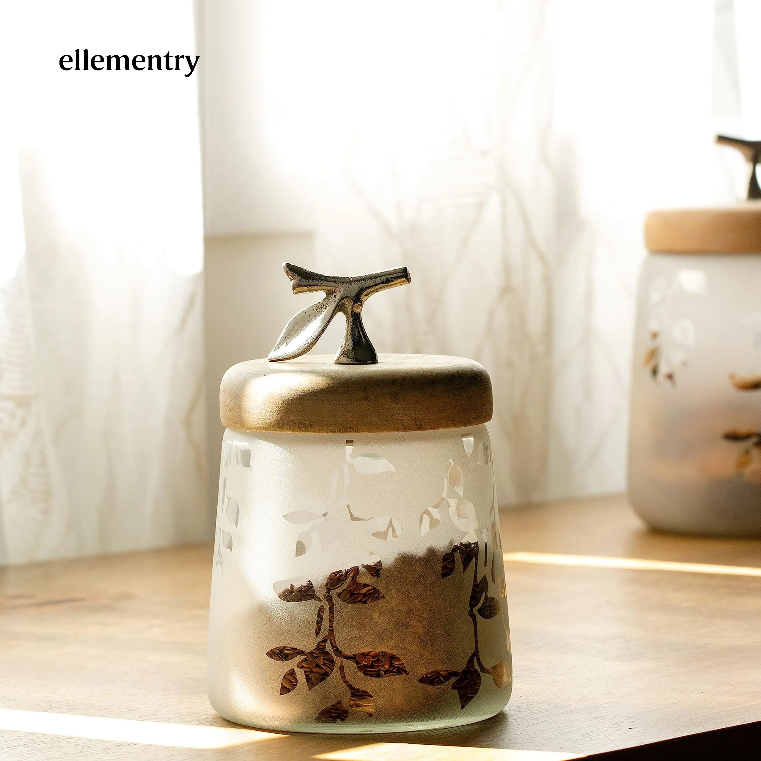 Ellementry Twigy Frosted Glass Jar with Wooden Lid (Tall) | 1250 ML | Transparent and BPA Free | Kitchen Organizer | Modular | Multipurpose Jar | Grocery, Dry Fruit and Spice Storage Jars (Pack Of 4)