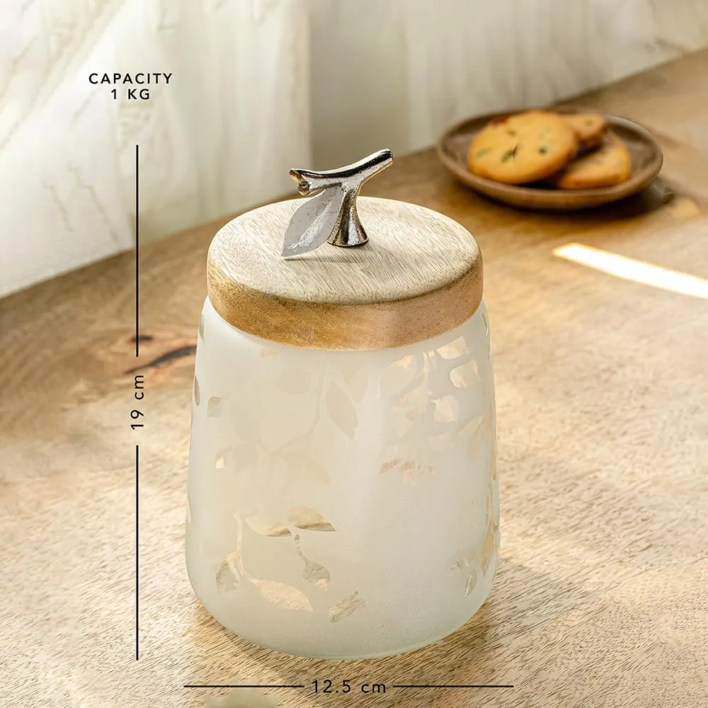 Ellementry Twigy Frosted Glass Jar with Wooden Lid (Tall) | 1250 ML | Transparent and BPA Free | Kitchen Organizer | Modular | Multipurpose Jar | Grocery, Dry Fruit and Spice Storage Jars (Pack Of 4)