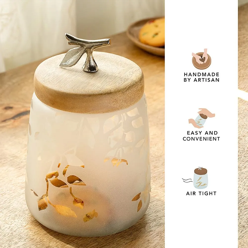 Ellementry Twigy Frosted Glass Jar with Wooden Lid (Tall) | 1250 ML | Transparent and BPA Free | Kitchen Organizer | Modular | Multipurpose Jar | Grocery, Dry Fruit and Spice Storage Jars (Pack Of 4)