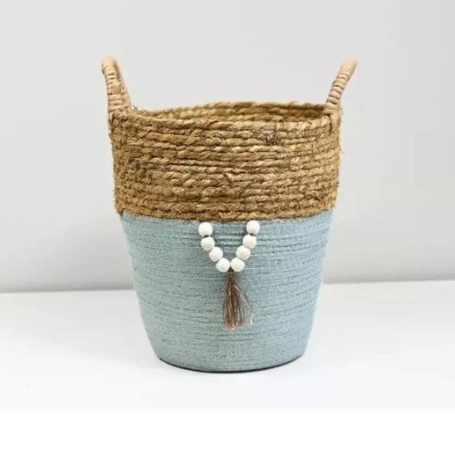 H&S Collection 40cm Teal Straw Basket Pot Cover