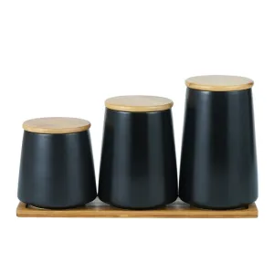 Heart Home Ceramic Jar | Food Storage Jar | Kitchen Storage Jar | Round Jar for Home | Sugar Storage Jar | Airtight Bamboo Lid | YX04-3-BK | 3 Piece Set | 500 | 700 | 850 ML | Black