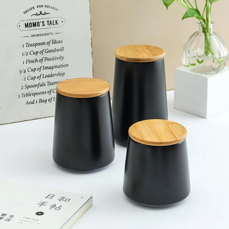 Heart Home Ceramic Jar | Food Storage Jar | Kitchen Storage Jar | Round Jar for Home | Sugar Storage Jar | Airtight Bamboo Lid | YX04-3-BK | 3 Piece Set | 500 | 700 | 850 ML | Black