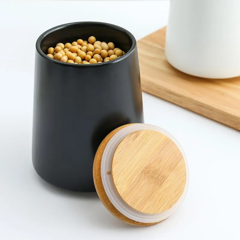 Heart Home Ceramic Jar | Food Storage Jar | Kitchen Storage Jar | Round Jar for Home | Sugar Storage Jar | Airtight Bamboo Lid | YX04-3-BK | 3 Piece Set | 500 | 700 | 850 ML | Black