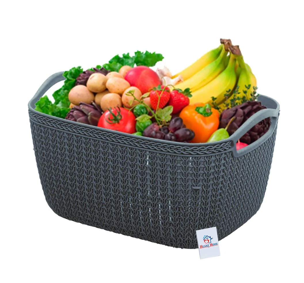 Heart Home Q-5, 6 Unbreakable Plastic 2 Pieces Multipurpose Large & Medium Size Flexible Storage Baskets/Fruit Vegetable Bathroom Stationary Home Basket with Handles (Grey)-HEART10574