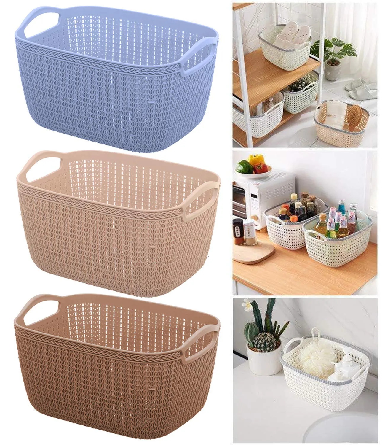 Heart Home Unbreakable Plastic 2 Pieces Multipurpose Large and Medium Size Flexible Storage Baskets/Fruit Vegetable Bathroom Stationary Home Basket with Handles (Brown & Grey) - CTHH18558