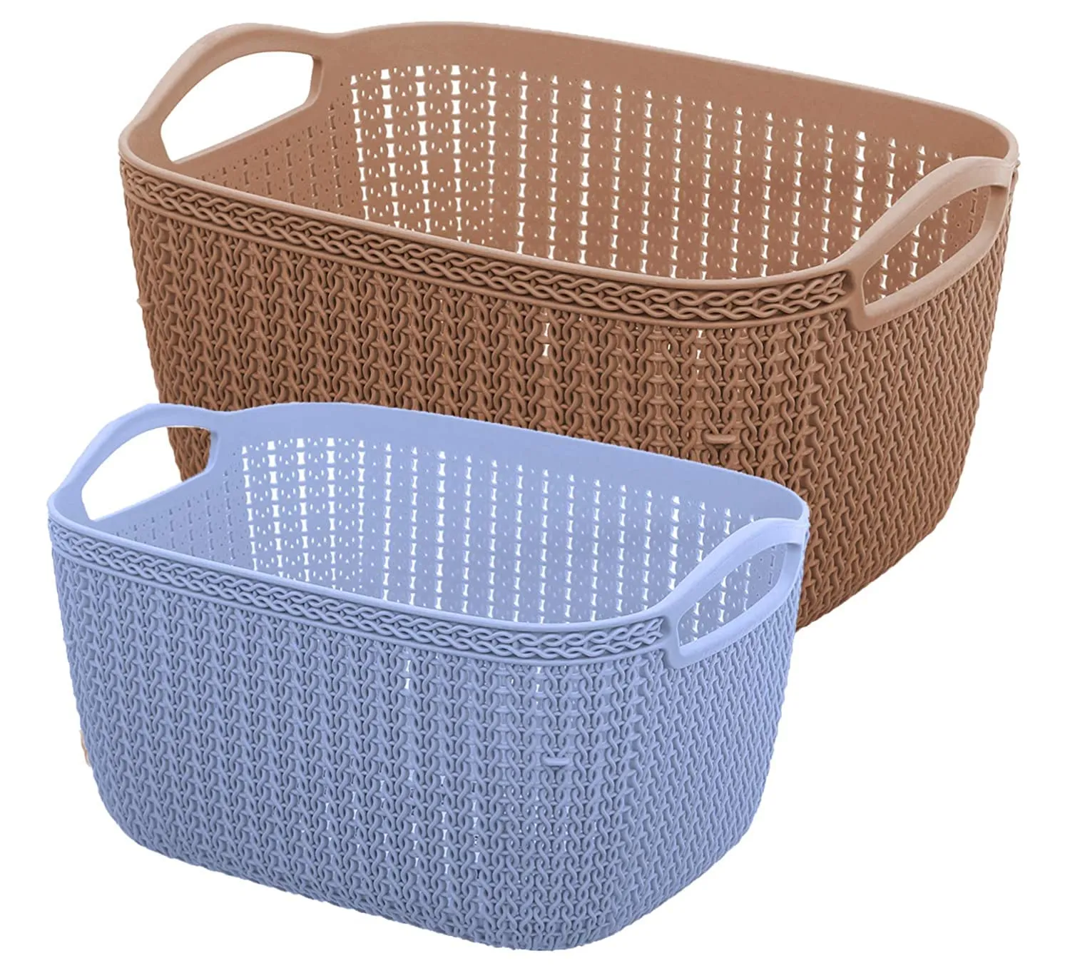 Heart Home Unbreakable Plastic 2 Pieces Multipurpose Large and Medium Size Flexible Storage Baskets/Fruit Vegetable Bathroom Stationary Home Basket with Handles (Brown & Grey) - CTHH18558