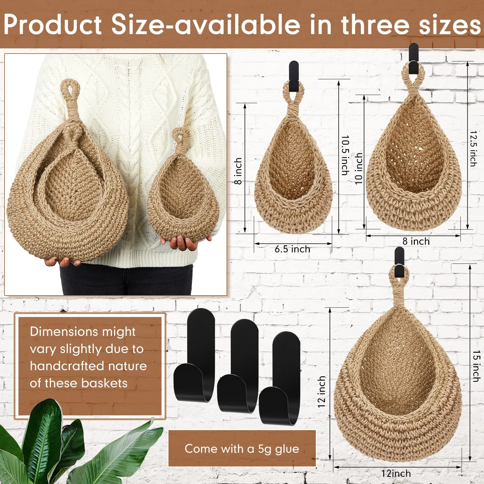 Honeydak Hanging Wall Basket Teardrop Baskets Onion Coat Bohemian Storage Fruit Hooks for Kitchen Home Restaurant Garlic Vegetable Planters, 3 Sizes (Light Linen)