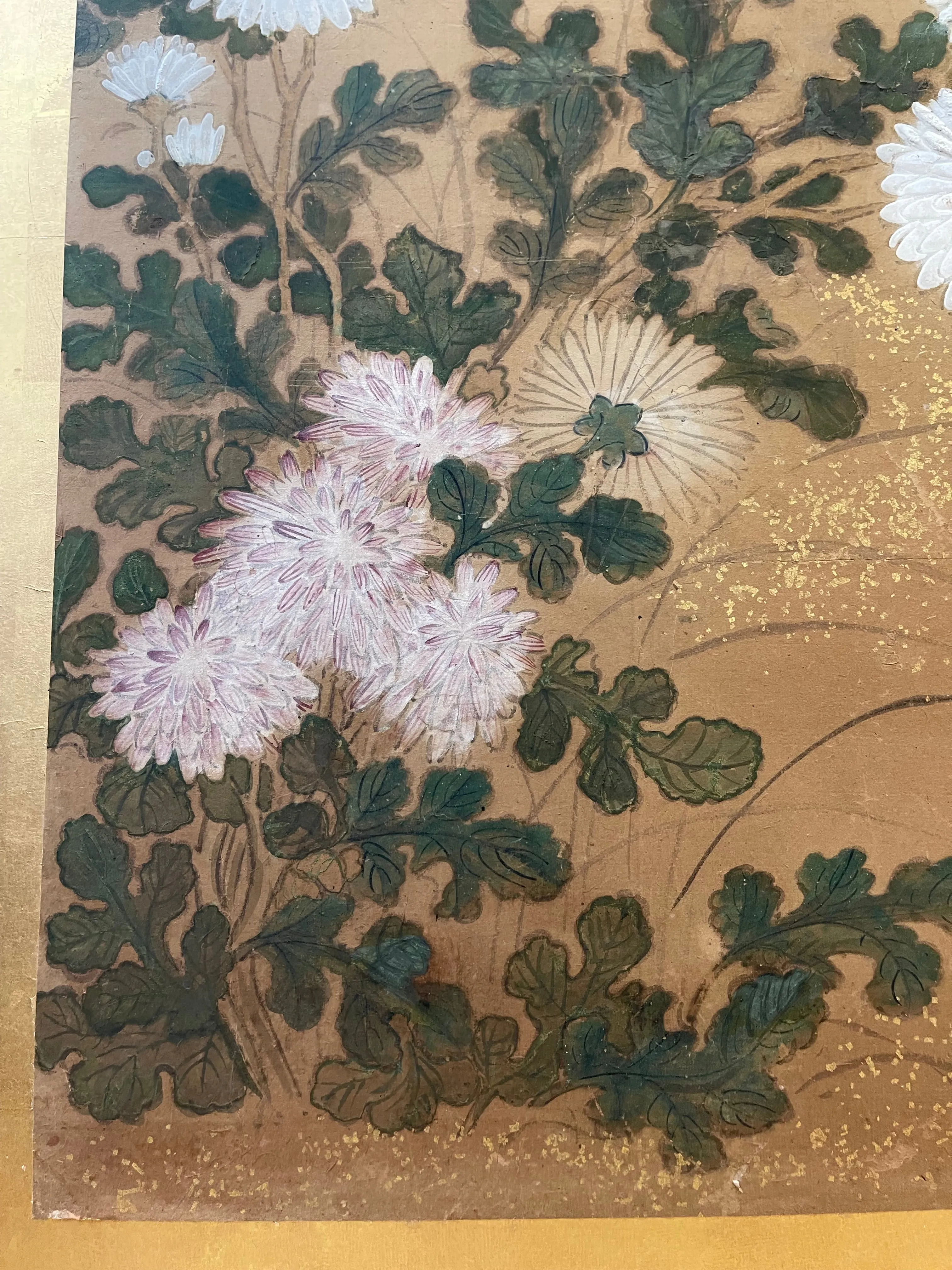 Japanese Two Panels Screen Featuring Chrysanthemums Flowers