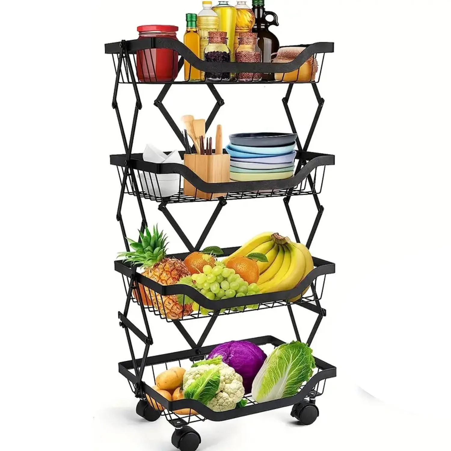 Kuber Industries 4-Layer Collapsible Kitchen Rack|Multipurpose Storage Basket|360-Degree Rotable Kitchen Trolley|Fruit Basket Pack of 6 (Black)