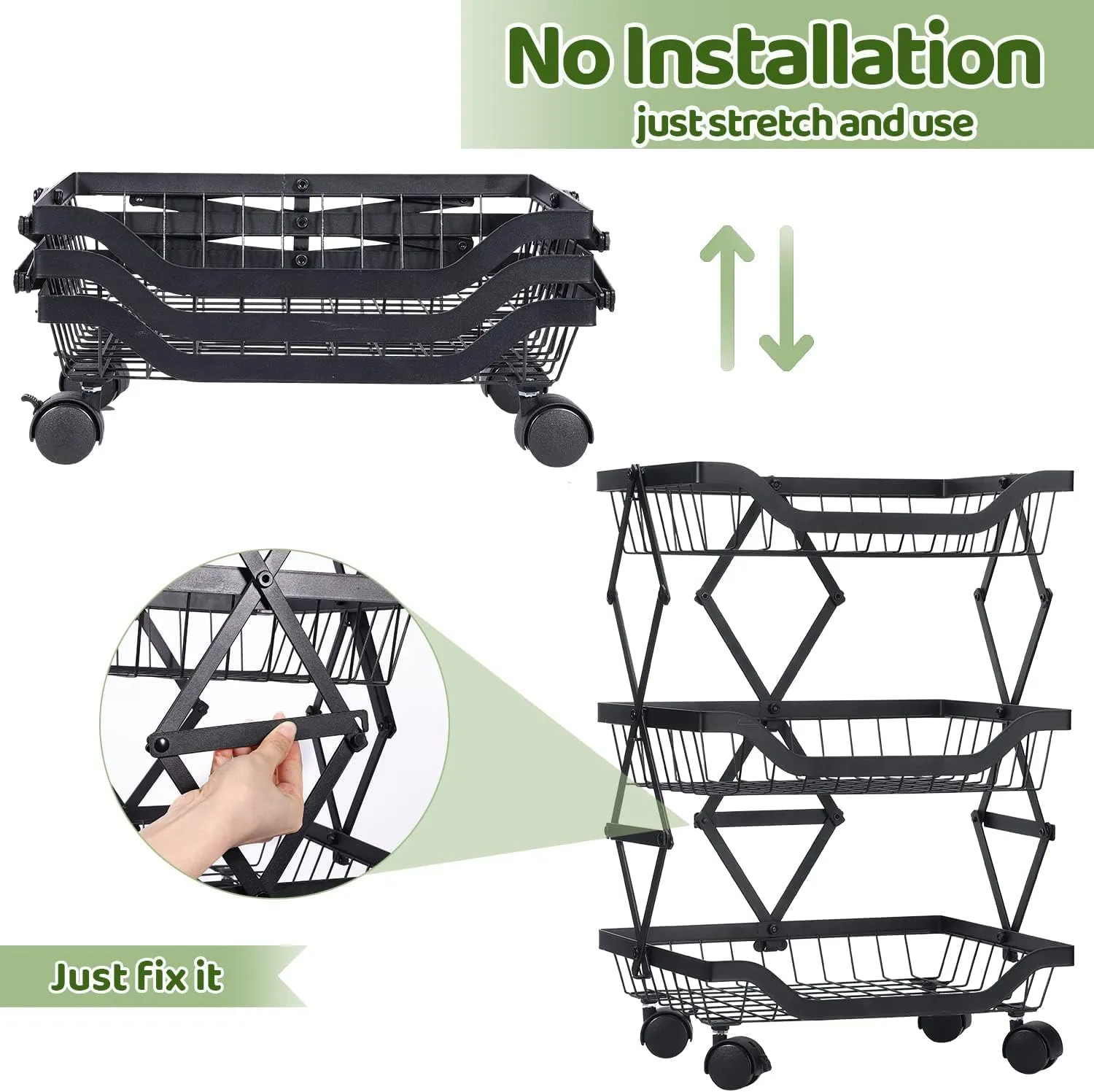 Kuber Industries 4-Layer Collapsible Kitchen Rack|Multipurpose Storage Basket|360-Degree Rotable Kitchen Trolley|Fruit Basket Pack of 6 (Black)