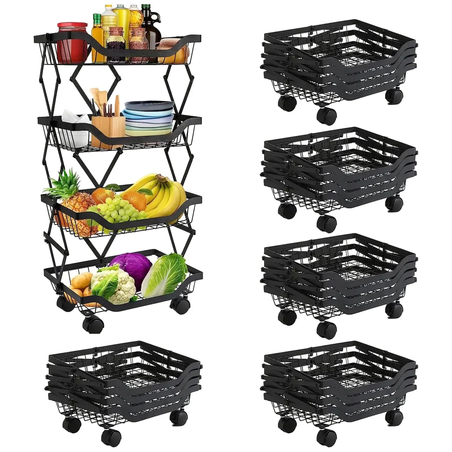 Kuber Industries 4-Layer Collapsible Kitchen Rack|Multipurpose Storage Basket|360-Degree Rotable Kitchen Trolley|Fruit Basket Pack of 6 (Black)