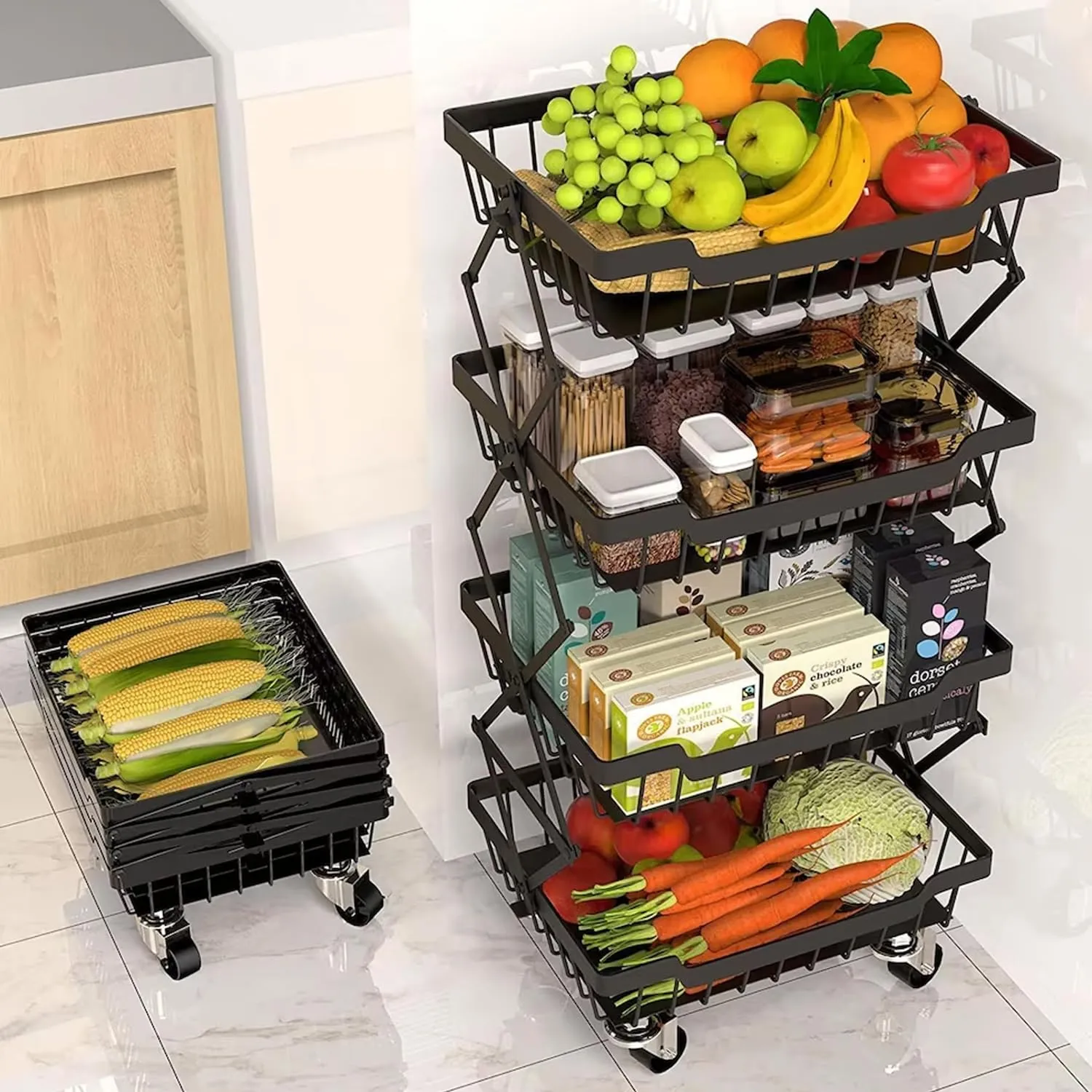 Kuber Industries 4-Layer Collapsible Kitchen Rack|Multipurpose Storage Basket|360-Degree Rotable Kitchen Trolley|Fruit Basket Pack of 6 (Black)