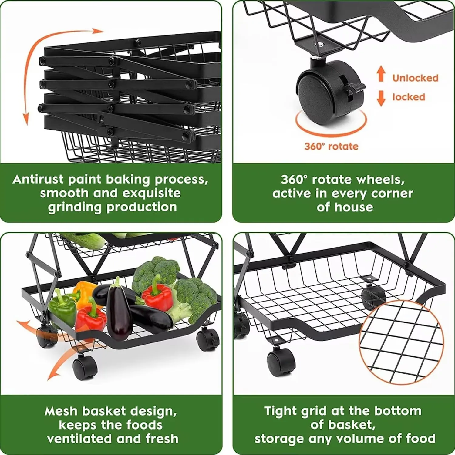 Kuber Industries 4-Layer Collapsible Kitchen Rack|Multipurpose Storage Basket|360-Degree Rotable Kitchen Trolley|Fruit Basket Pack of 6 (Black)