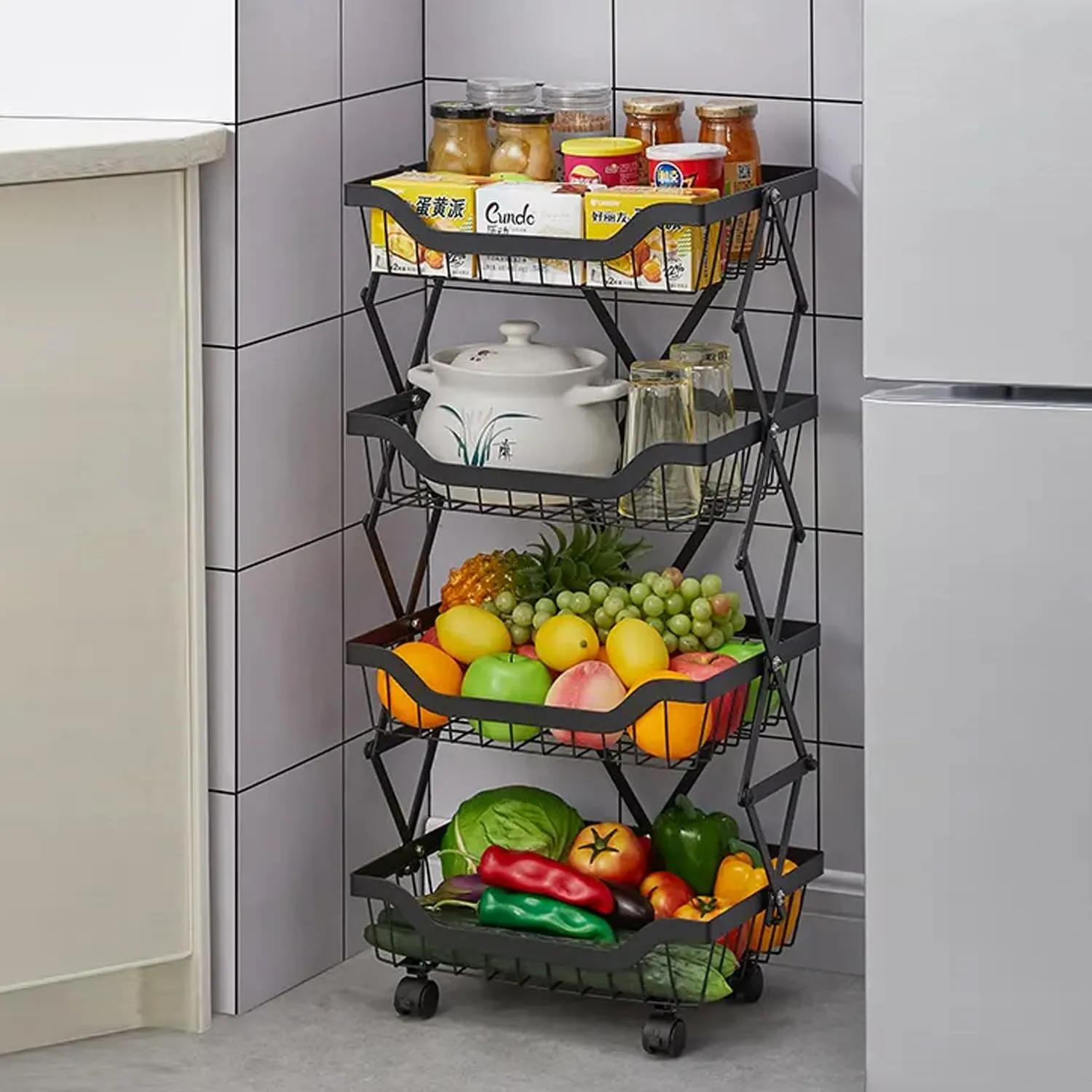 Kuber Industries 4-Layer Collapsible Kitchen Rack|Multipurpose Storage Basket|360-Degree Rotable Kitchen Trolley|Fruit Basket Pack of 6 (Black)