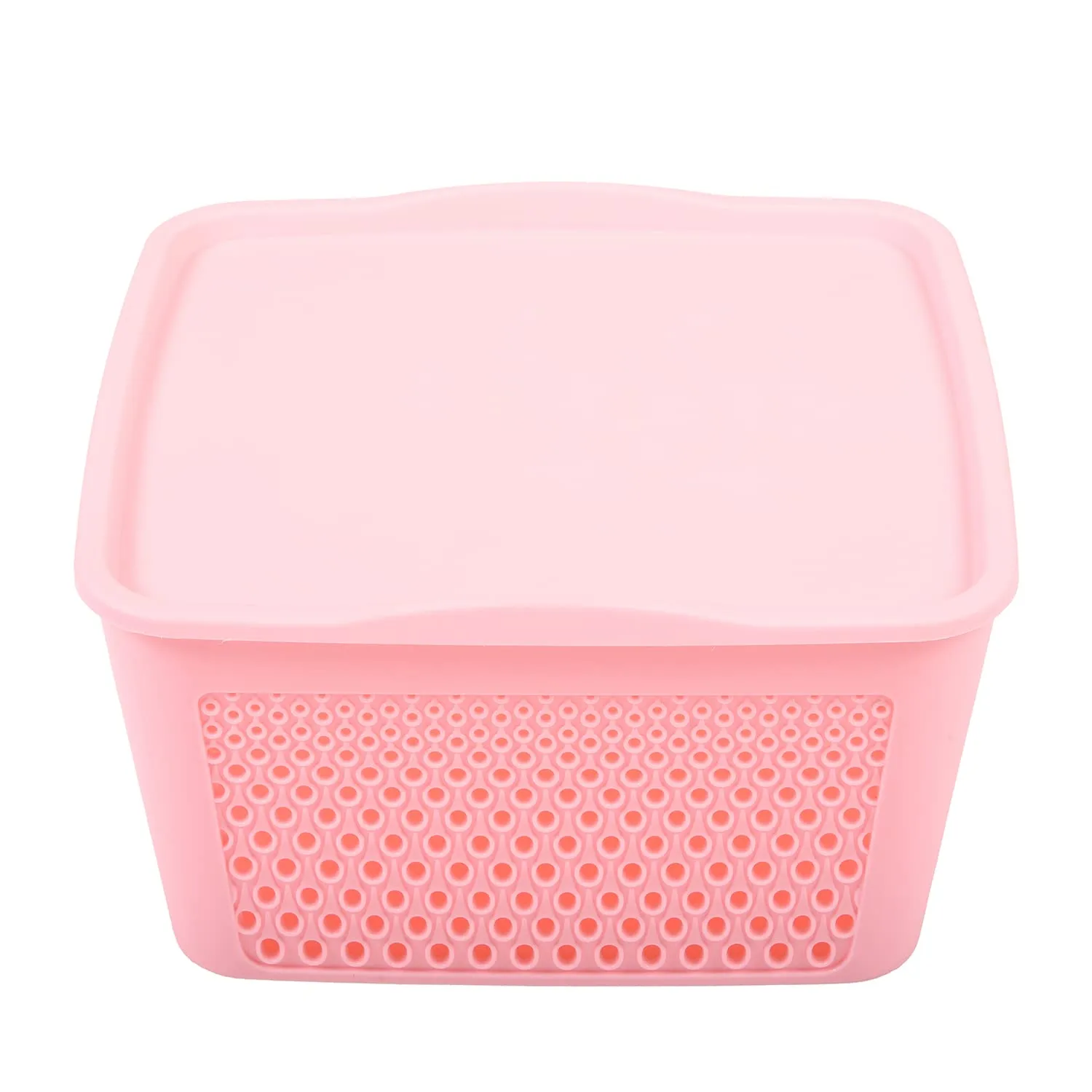 Kuber Industries Netted Design Unbreakable Multipurpose Square Shape Plastic Storage Baskets with lid Small Pack of 2 (Pink)