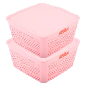 Kuber Industries Netted Design Unbreakable Multipurpose Square Shape Plastic Storage Baskets with lid Small Pack of 2 (Pink)