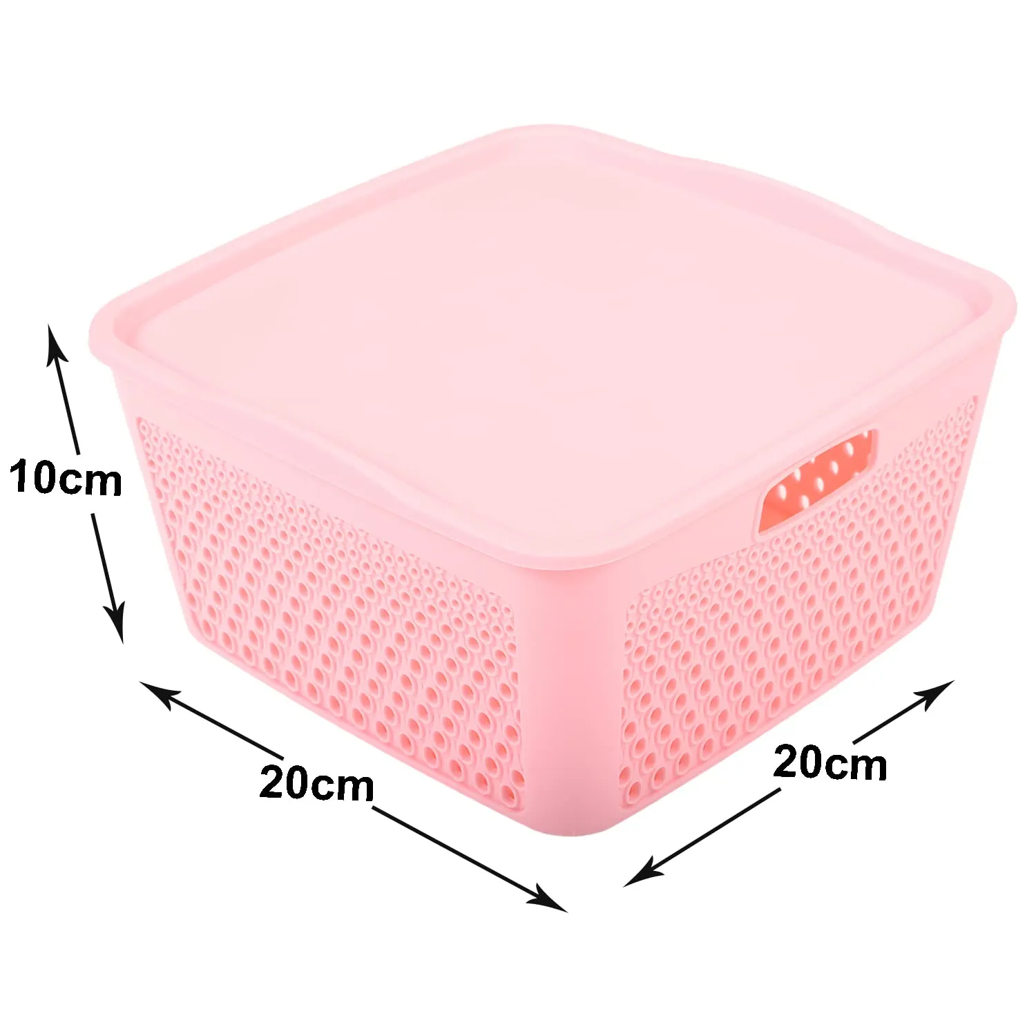 Kuber Industries Netted Design Unbreakable Multipurpose Square Shape Plastic Storage Baskets with lid Small Pack of 2 (Pink)