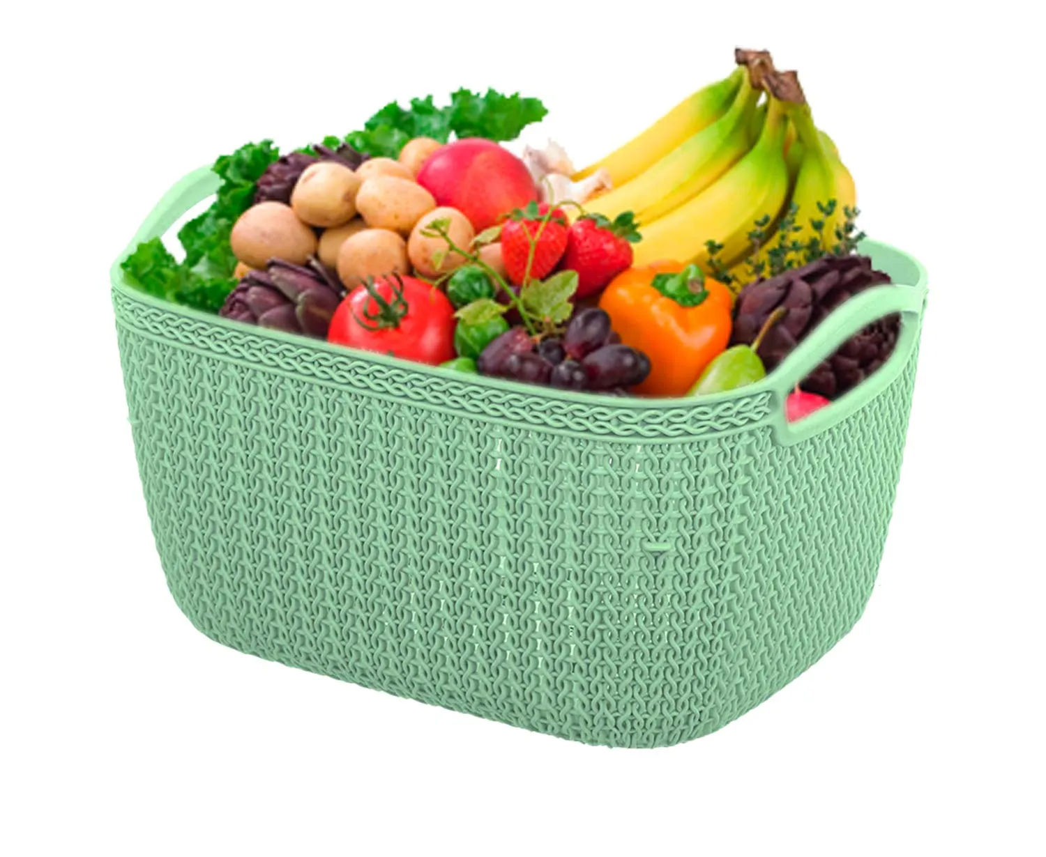 Kuber Industries Q-5,6 Unbreakable Plastic 2 Pieces Multipurpose Large & Medium Size Flexible Storage Baskets/Fruit Vegetable Bathroom Stationary Home Basket with Handles (Light Green)