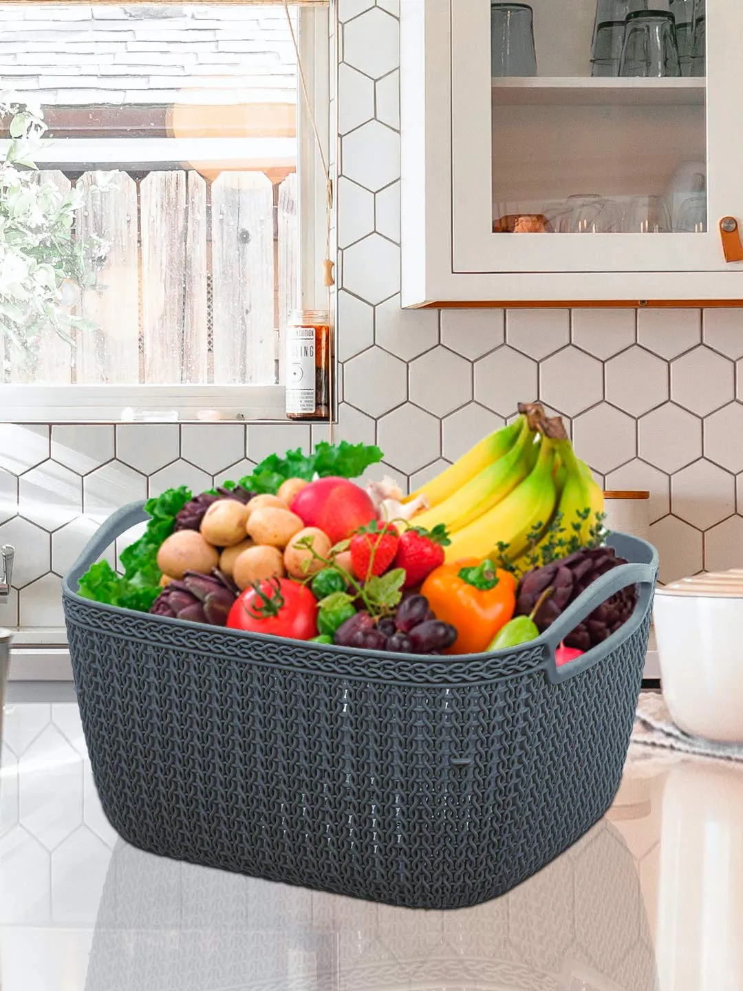 Kuber Industries Q-6 Unbreakable Plastic 5 Pieces Multipurpose Large Size Flexible Storage Baskets/Fruit Vegetable Bathroom Stationary Home Basket with Handles (Grey), Pack of 5, KUBMART010549