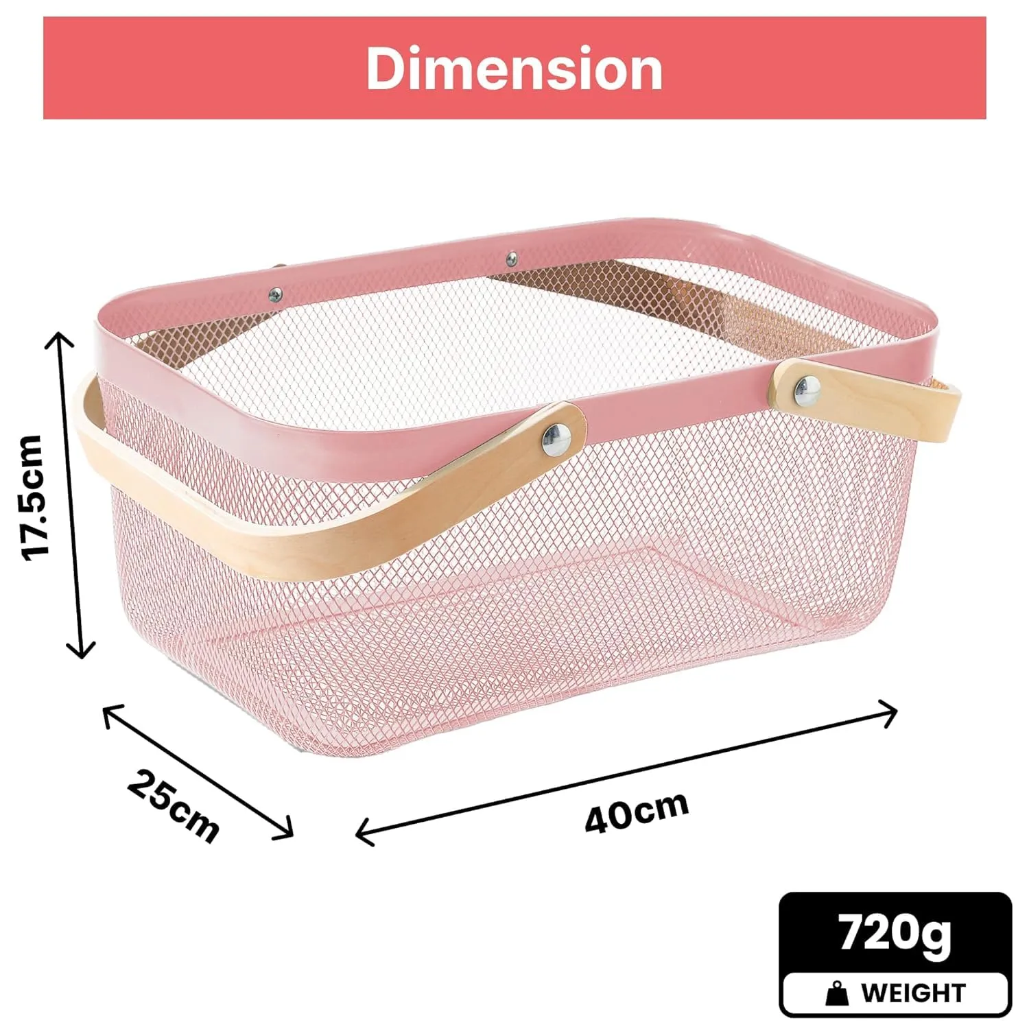 Kuber Industries Rectangular Metal Mesh basket for storage with wooden handle | 720 Gm | Fruit basket & Vegetable basket for kitchen | Kitchen Organizer Home | Pack of 2 | Pink | Multipurpose