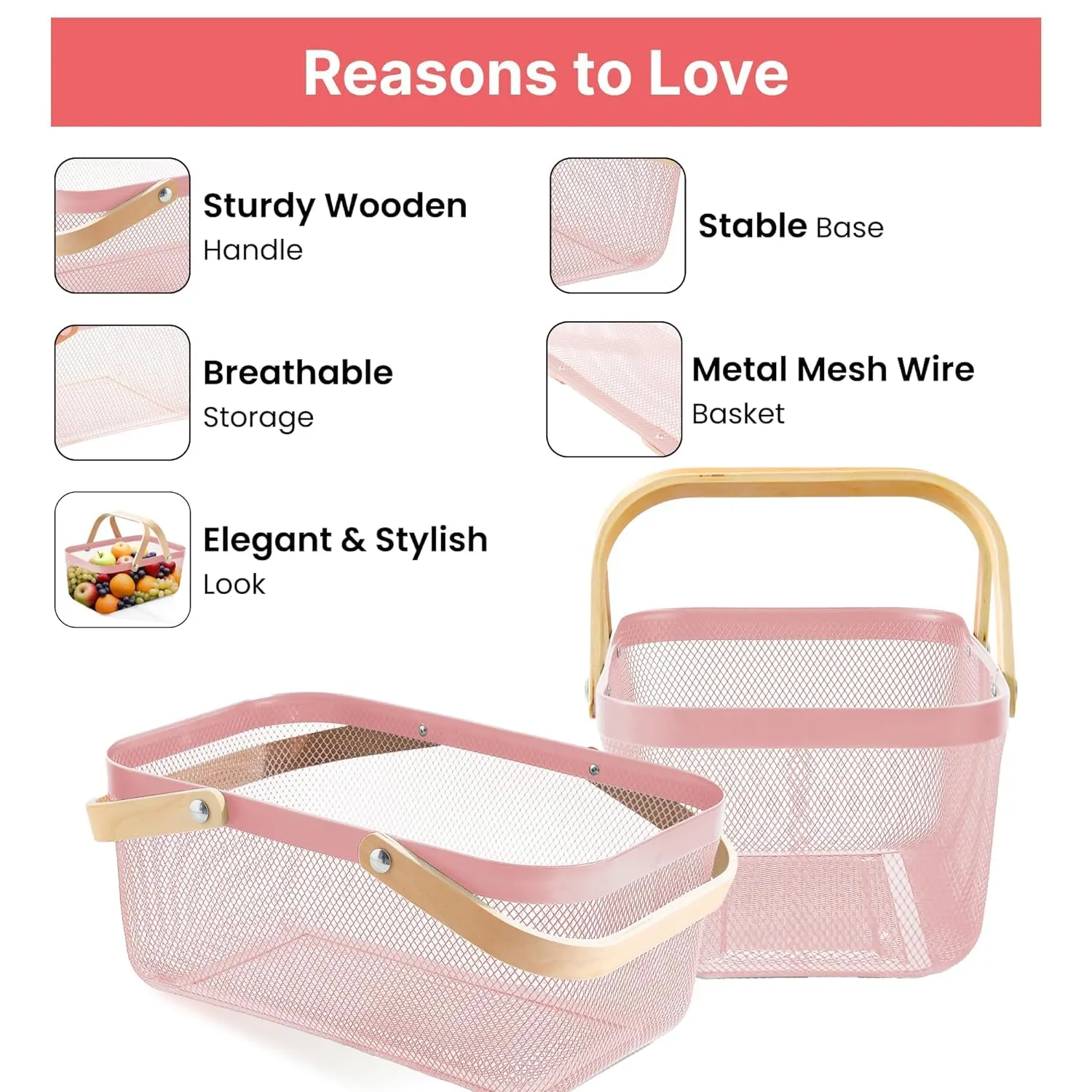 Kuber Industries Rectangular Metal Mesh basket for storage with wooden handle | 720 Gm | Fruit basket & Vegetable basket for kitchen | Kitchen Organizer Home | Pack of 2 | Pink | Multipurpose