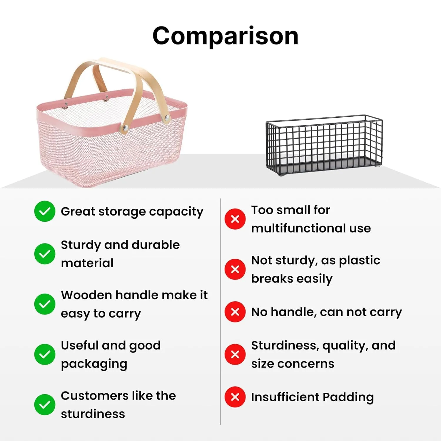 Kuber Industries Rectangular Metal Mesh basket for storage with wooden handle | 720 Gm | Fruit basket & Vegetable basket for kitchen | Kitchen Organizer Home | Pack of 2 | Pink | Multipurpose