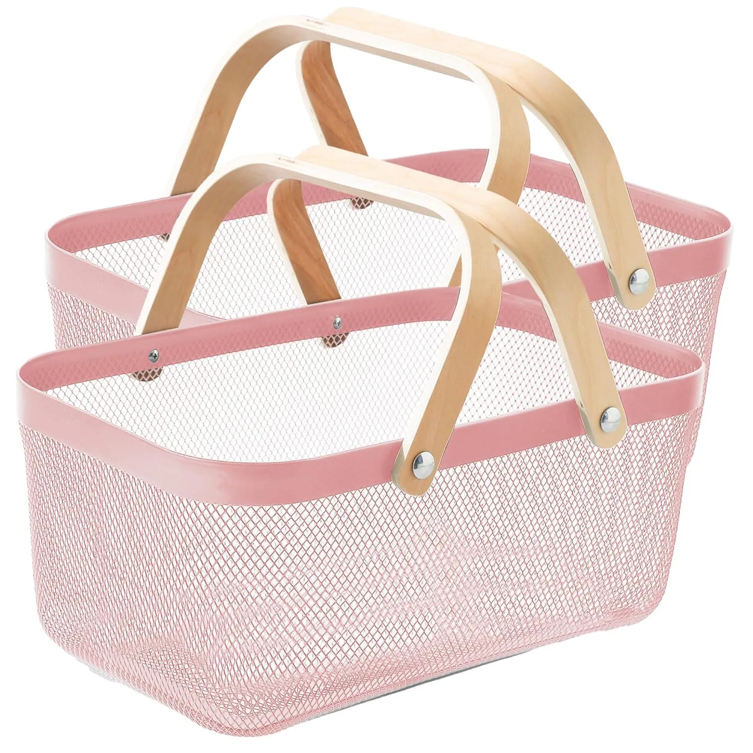 Kuber Industries Rectangular Metal Mesh basket for storage with wooden handle | 720 Gm | Fruit basket & Vegetable basket for kitchen | Kitchen Organizer Home | Pack of 2 | Pink | Multipurpose