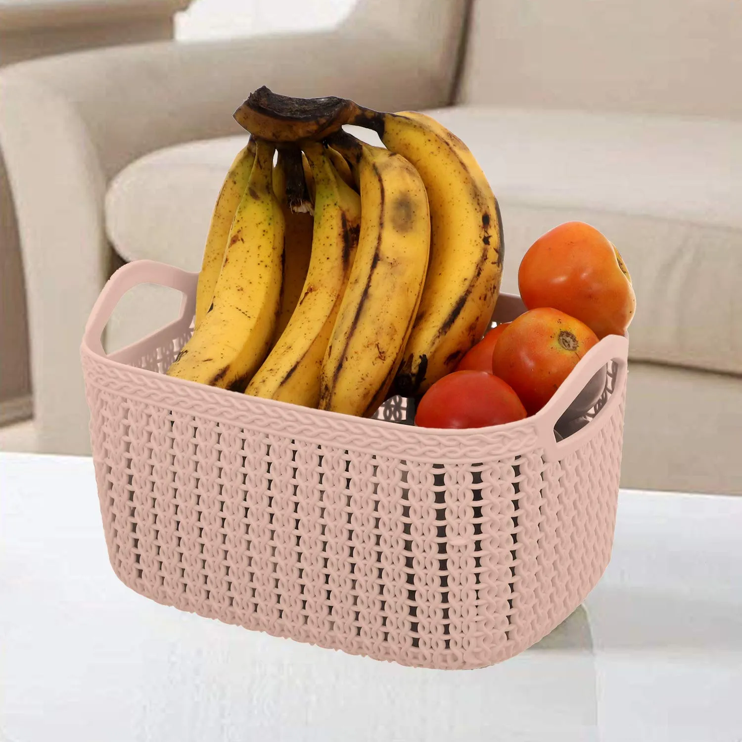 Kuber Industries Unbreakable Plastic 2 Pieces Multipurpose Medium Size Flexible Storage Baskets/Fruit Vegetable Bathroom Stationary Home Basket with Handles (Peach & Brown) (CTKTC039073)