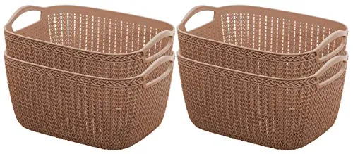 Kuber Industries Unbreakable Plastic 4 Pieces Multipurpose Medium Size Flexible Storage Baskets/Fruit Vegetable Bathroom Stationary Home Basket with Handles (Brown) -CTKTC39050