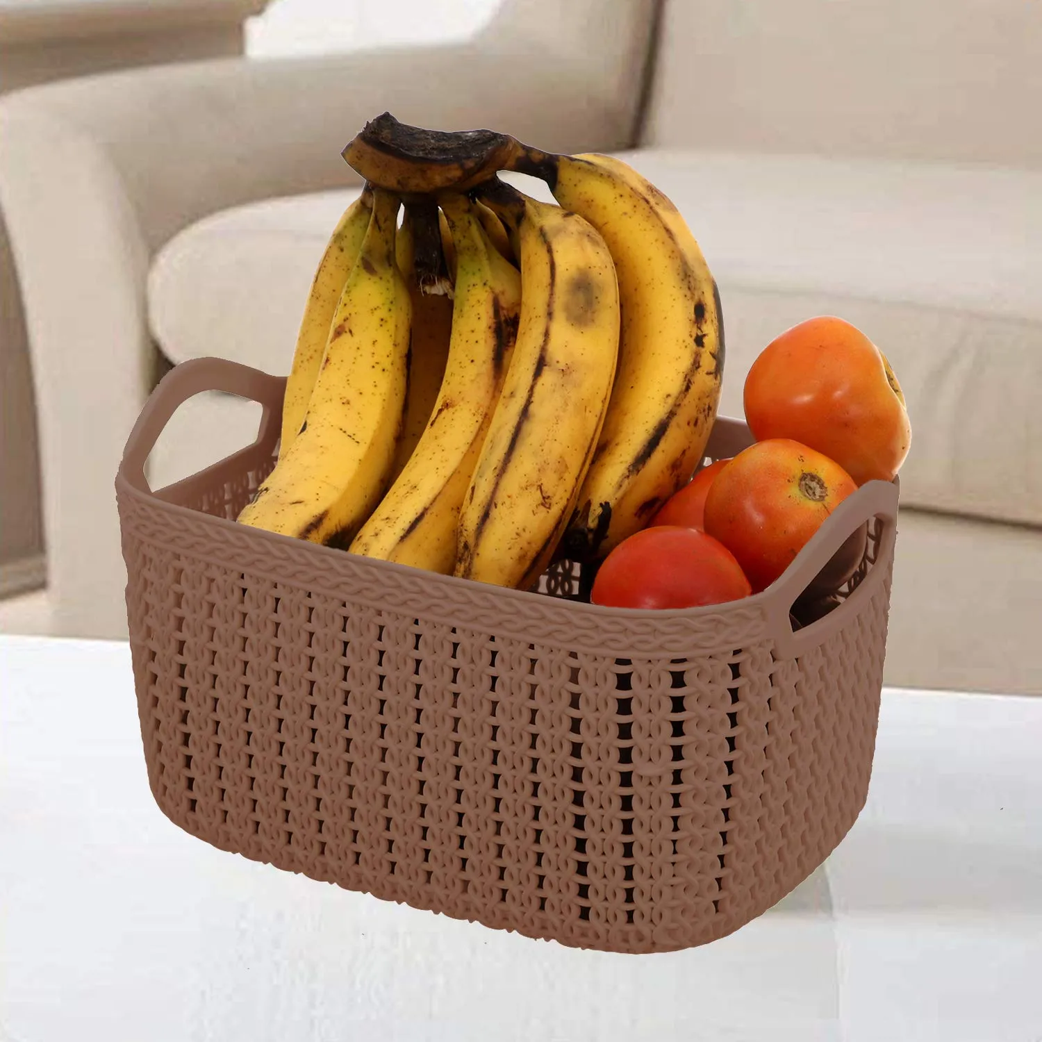 Kuber Industries Unbreakable Plastic 4 Pieces Multipurpose Medium Size Flexible Storage Baskets/Fruit Vegetable Bathroom Stationary Home Basket with Handles (Brown) -CTKTC39050