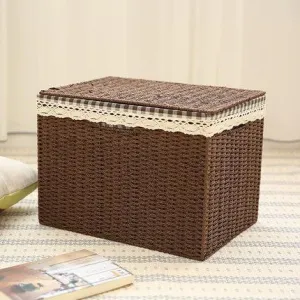 Large Deep Brown / Cream Color Woven Straw basket with Cover, Storage Basket for Toys, Rectangle Storage Basket, Storage Basket for Clothes