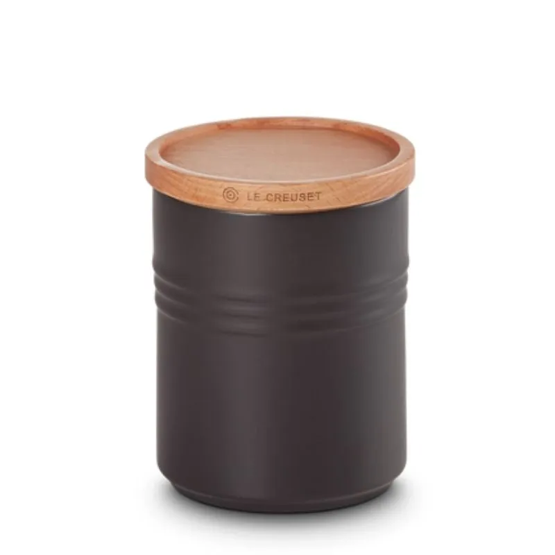 Le Creuset Stoneware Medium Storage Jar with Wooden Lid Satin Black