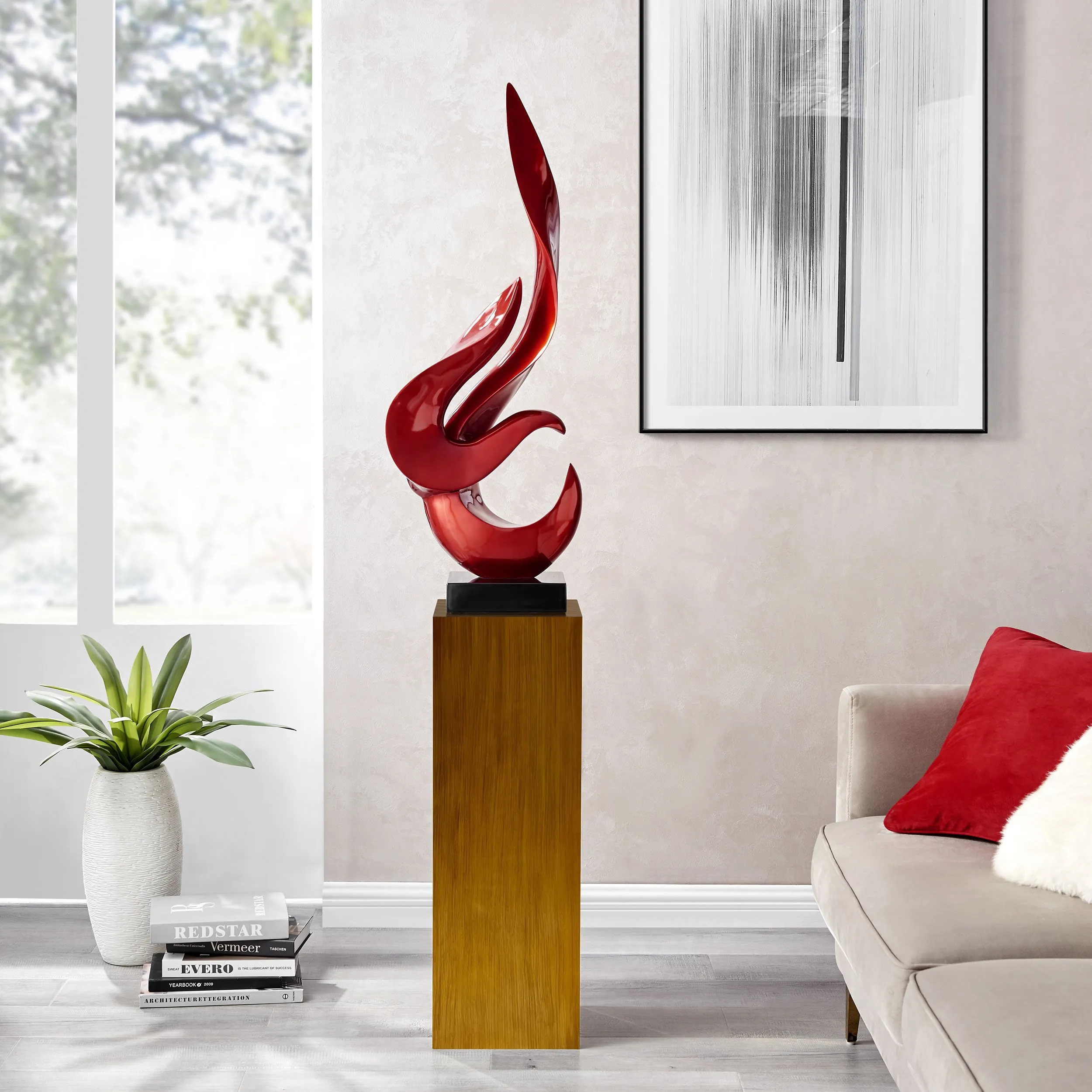 Metallic Red Flame Floor Sculpture With Wood Stand, 65" Tall