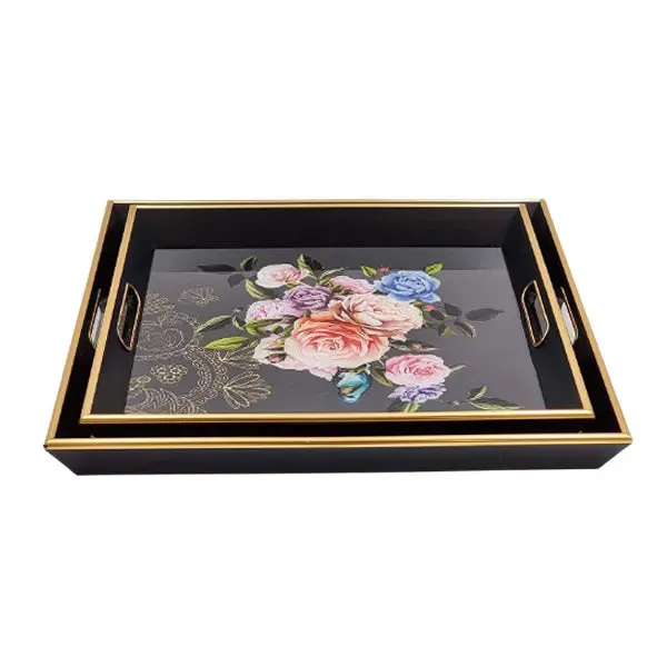 Rectangular Serving Tray Black Flower (Set of 2)