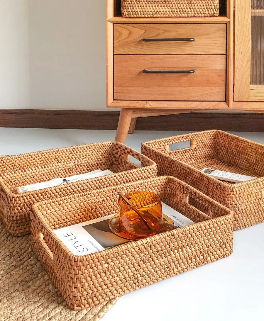 Rectangular Storage Baskets for Pantry, Rattan Storage Basket for Shelves, Storage Baskets for Kitchen, Woven Storage Baskets