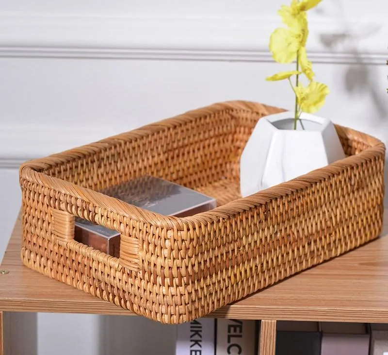 Rectangular Storage Baskets for Pantry, Rattan Storage Basket for Shelves, Storage Baskets for Kitchen, Woven Storage Baskets