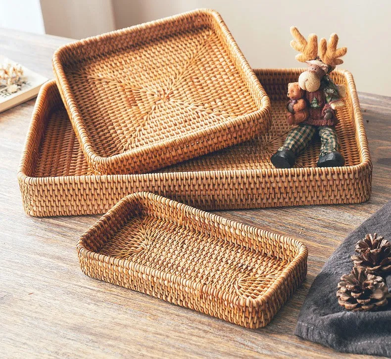 Rectangular Storage Baskets, Woven Rattan Storage Basket, Kitchen Storage Baskets, Storage Baskets for Shelves, Set of 3