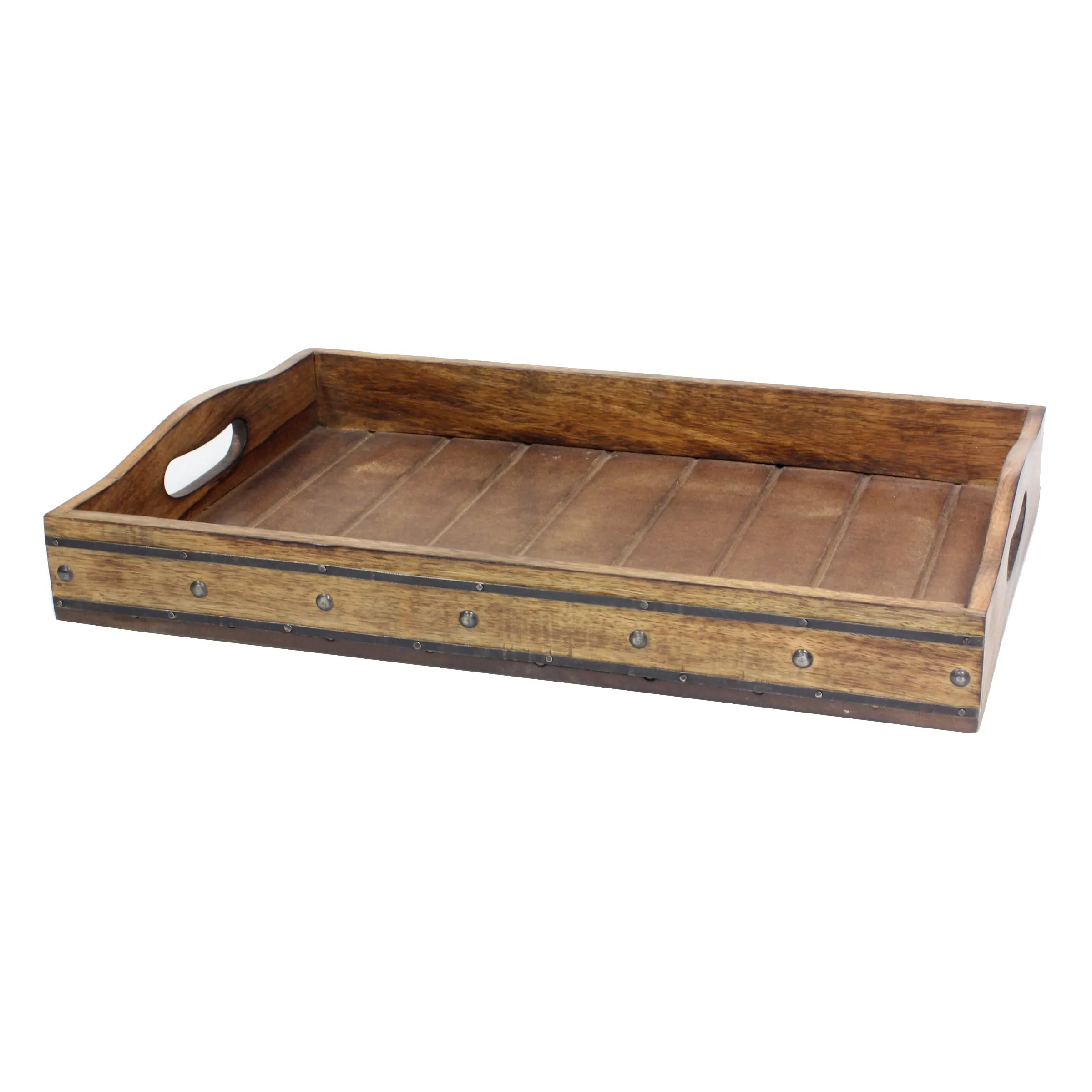 Rectangular Wooden Tray with Black Metal Trim & Rivets