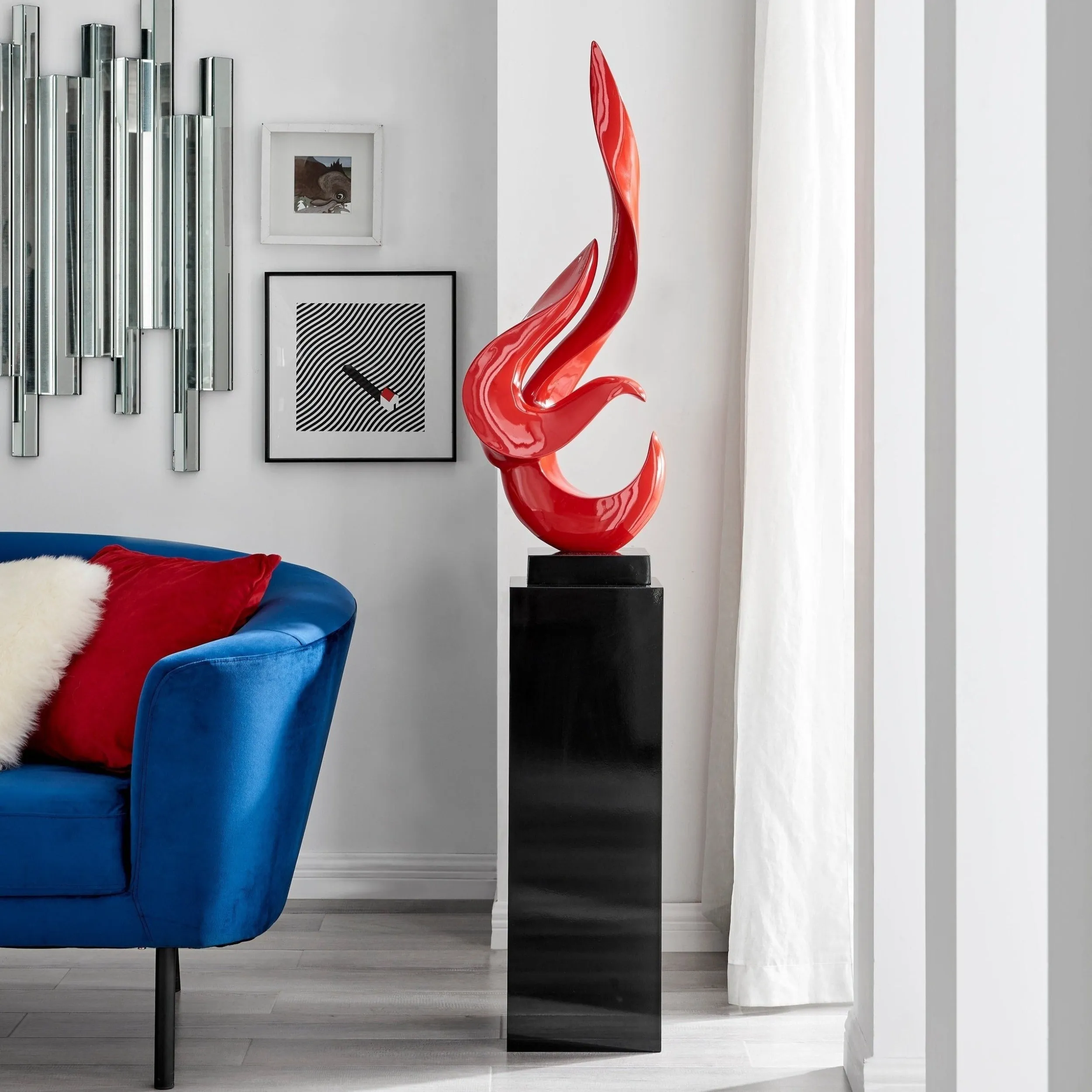 Red Flame Floor Sculpture With Black Stand, 65" Tall