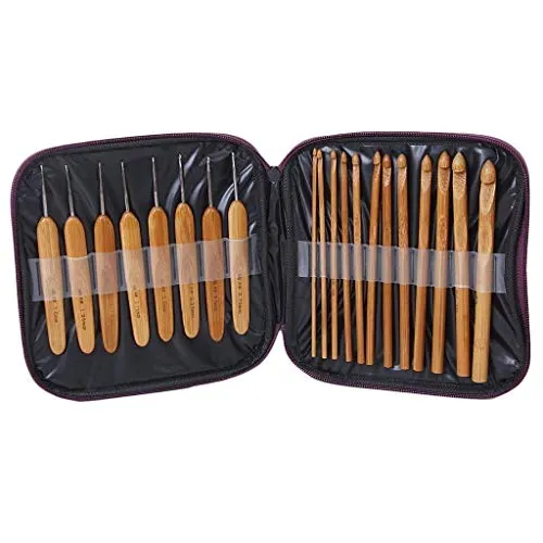 RKPM 20 Pcs Carbonized Bamboo Crochet Hooks, Full Gift Set, Lightweight, Ergonomic, Eco-Friendly, Size C to N, Steel Hook Sizes 1.0-2.75MM