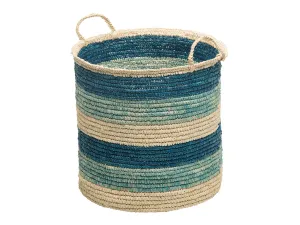 Round Sisal Storage Basket with Handles, Turquoise, Dark Blue and Natural