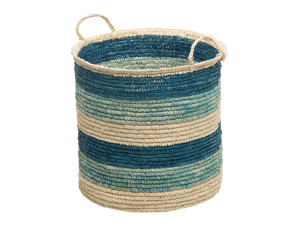 Round Sisal Storage Basket with Handles, Turquoise, Dark Blue and Natural