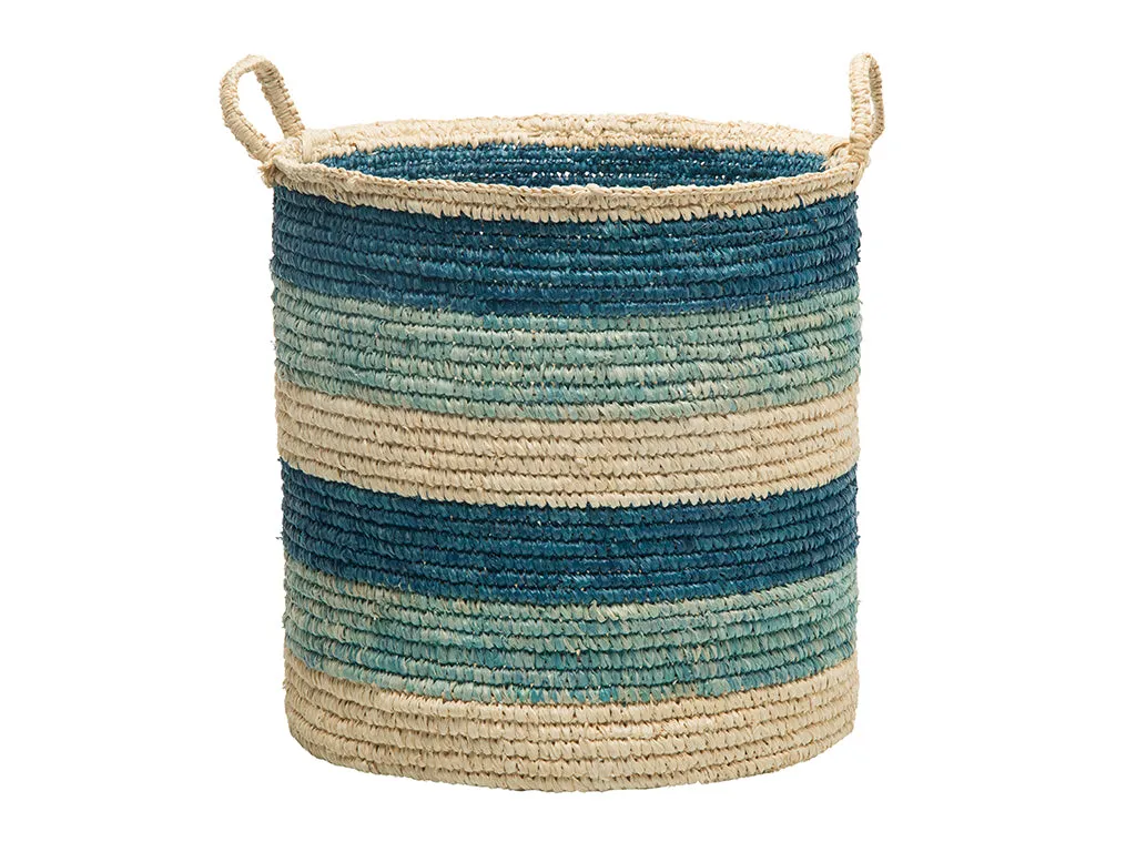 Round Sisal Storage Basket with Handles, Turquoise, Dark Blue and Natural