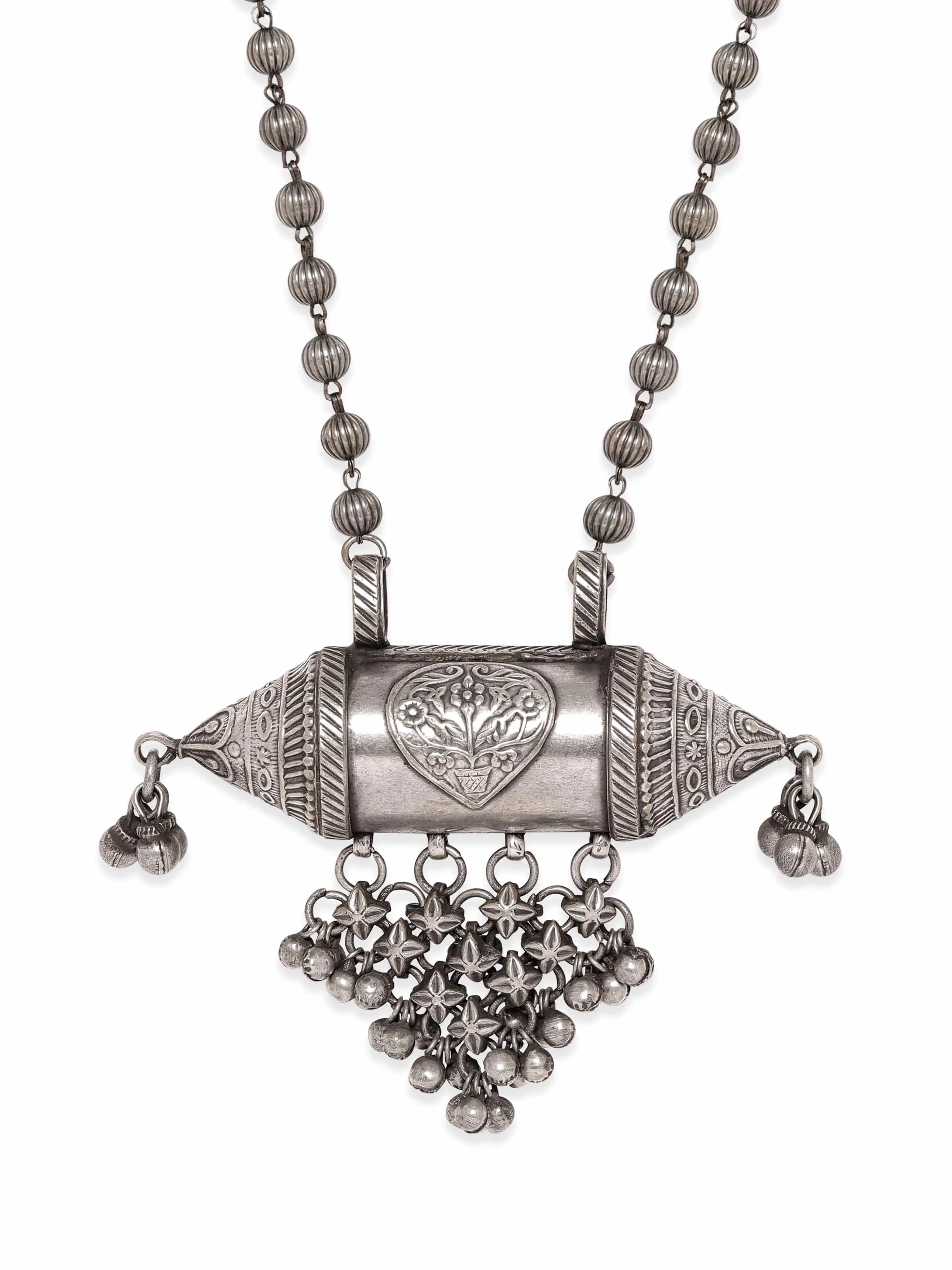 Rubans Bohemian Blossoms Oxidized Silver Plated Floral Necklace with Ghungroo Hangings